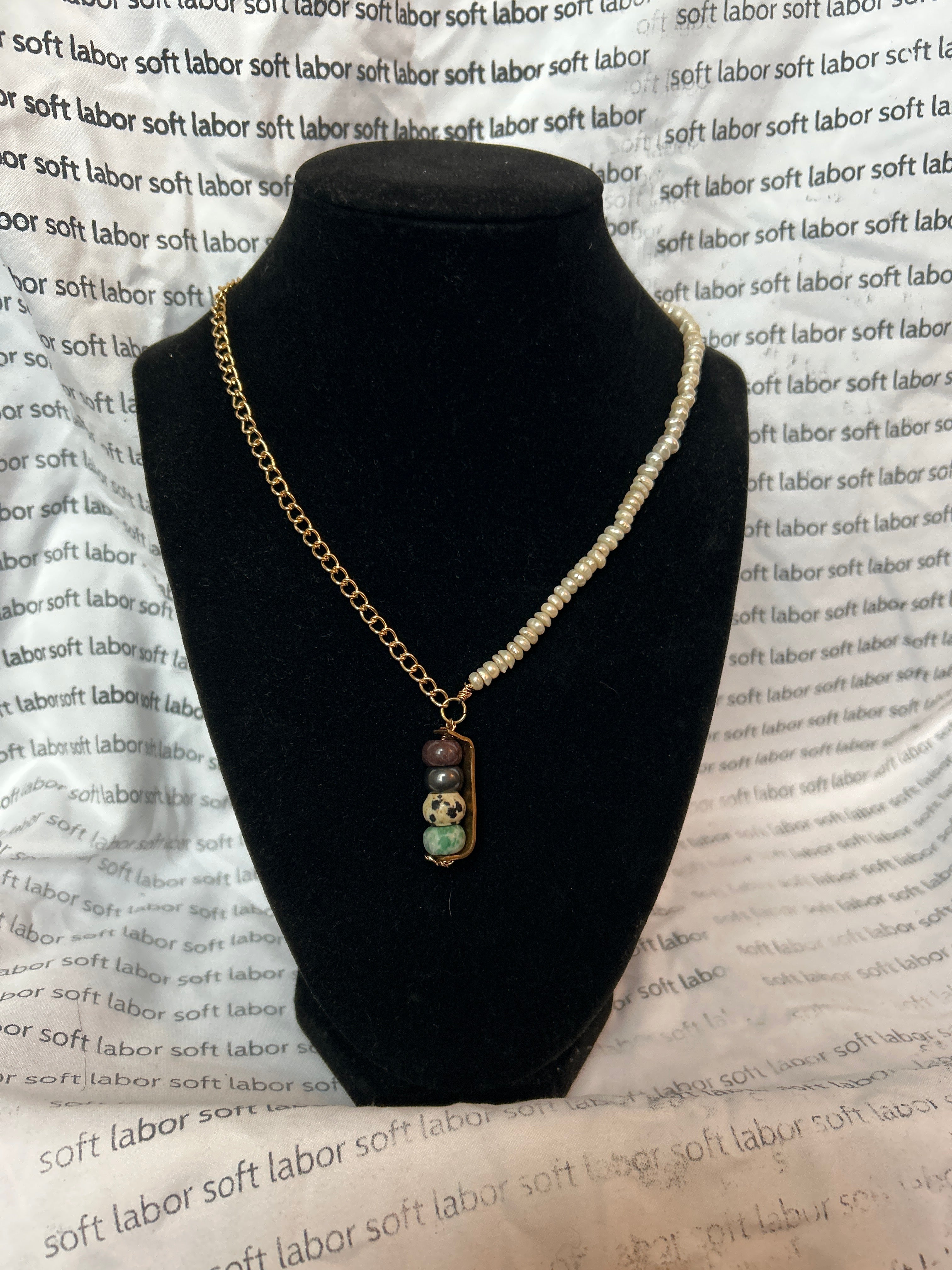 upcycled free palestine pearl necklace (jasper, hematite, agate, aventurine or fuchsite) with hand-stamped pendant
