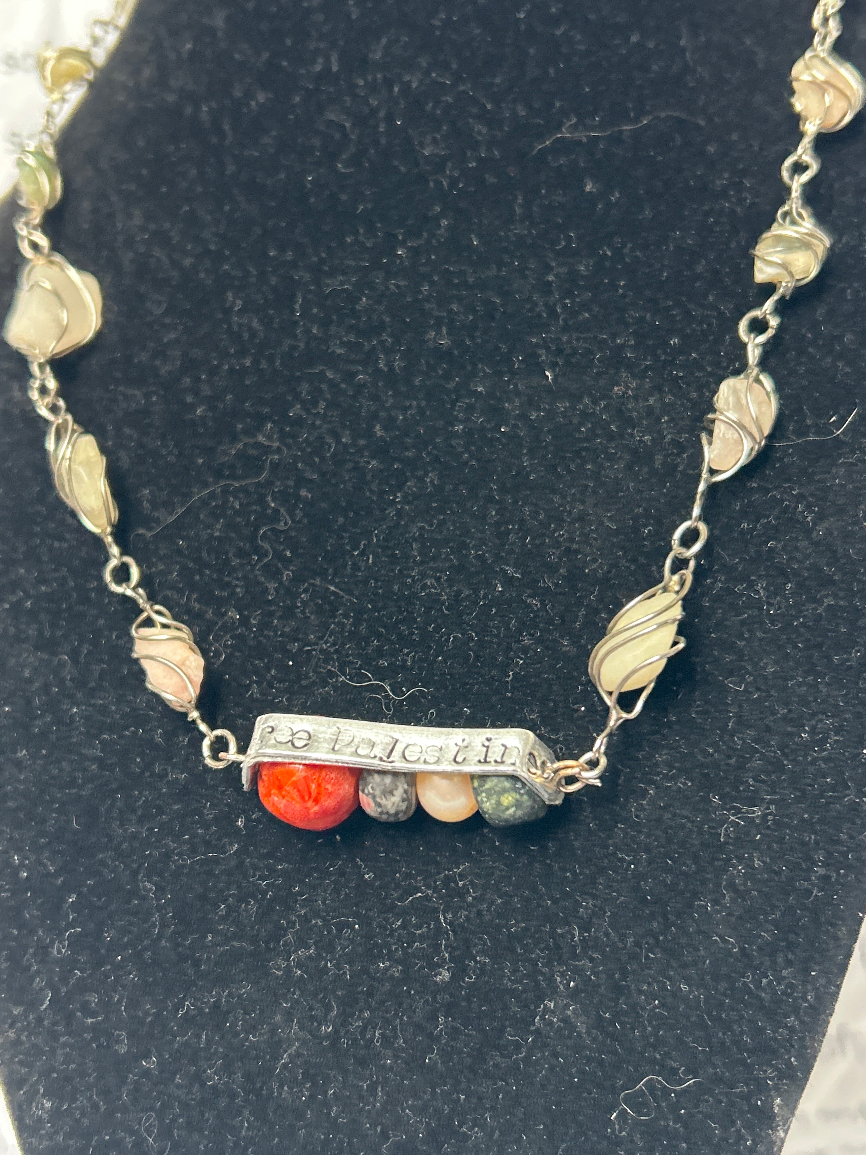 upcycled free palestine station stone necklace (jasper, pearl) with hand-stamped bar