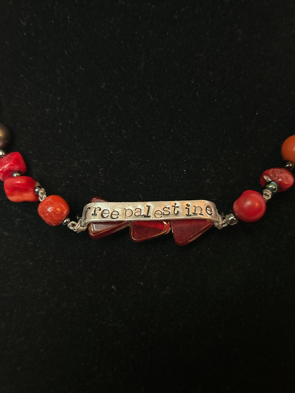 upcycled free palestine strung necklace (jasper, agate, pearl, coral, glass) with hand-stamped bar