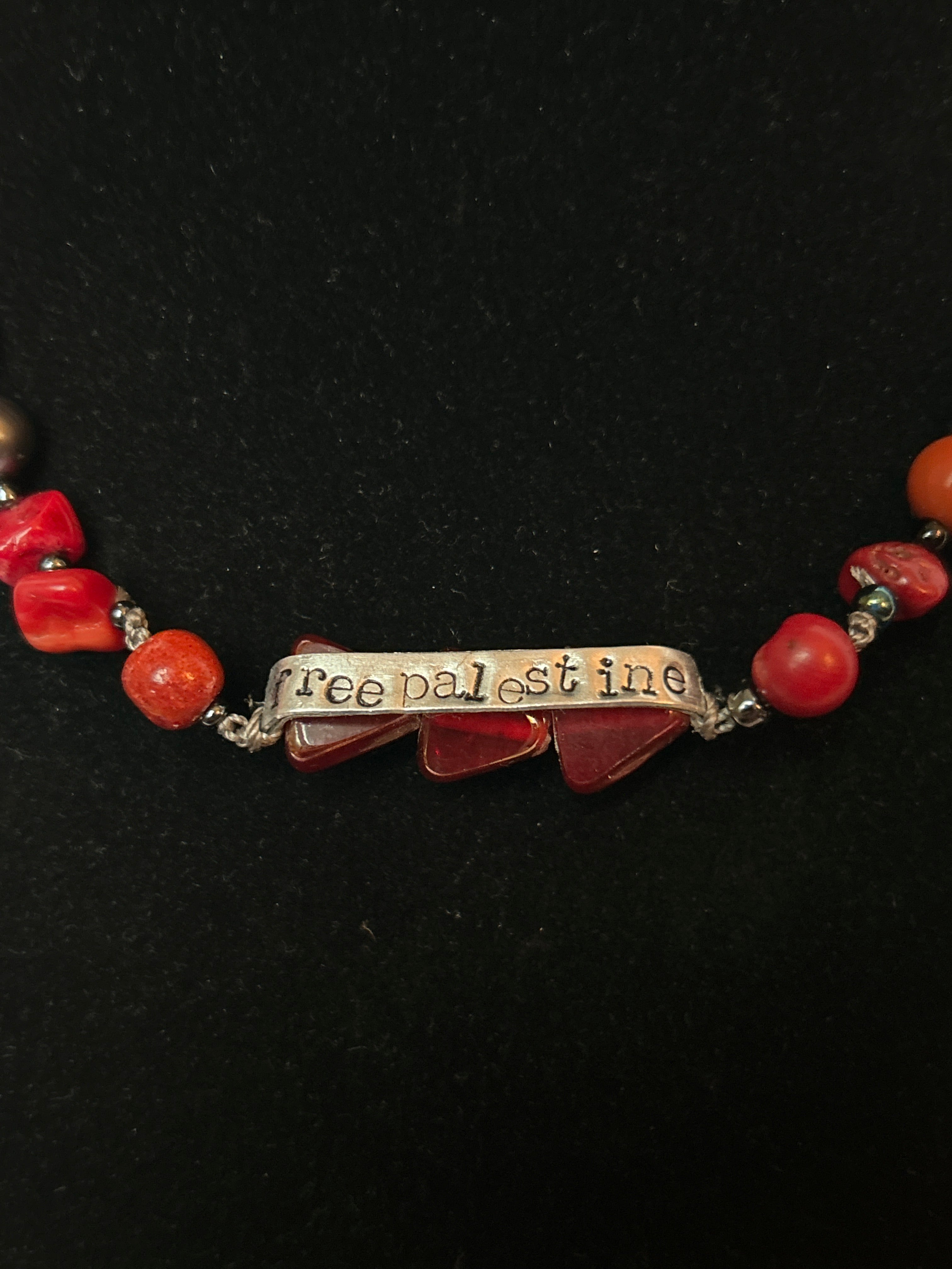 upcycled free palestine strung necklace (jasper, agate, pearl, coral, glass) with hand-stamped bar