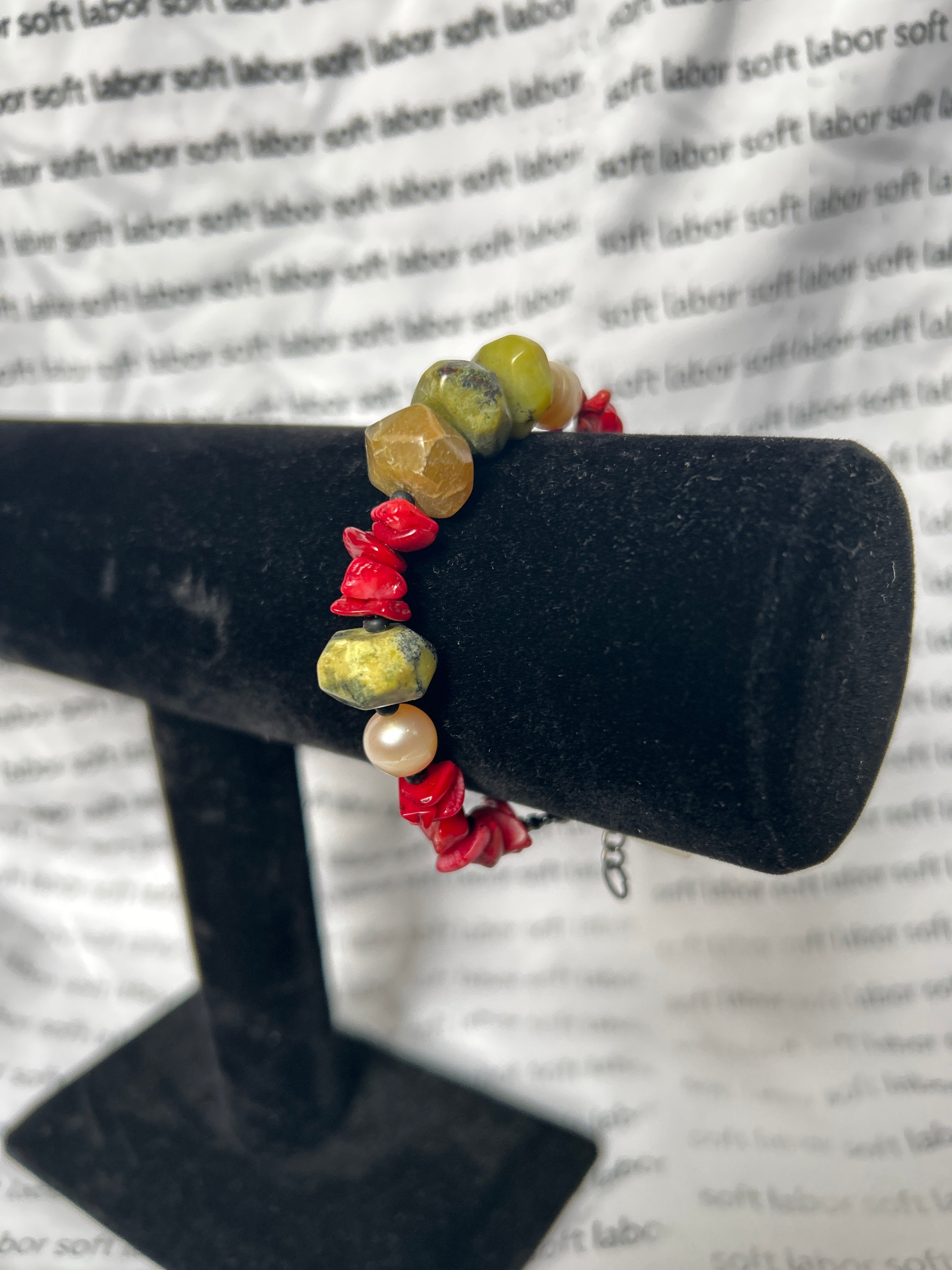 upcycled free palestine strung bracelet (pearl, coral, serpentine)
