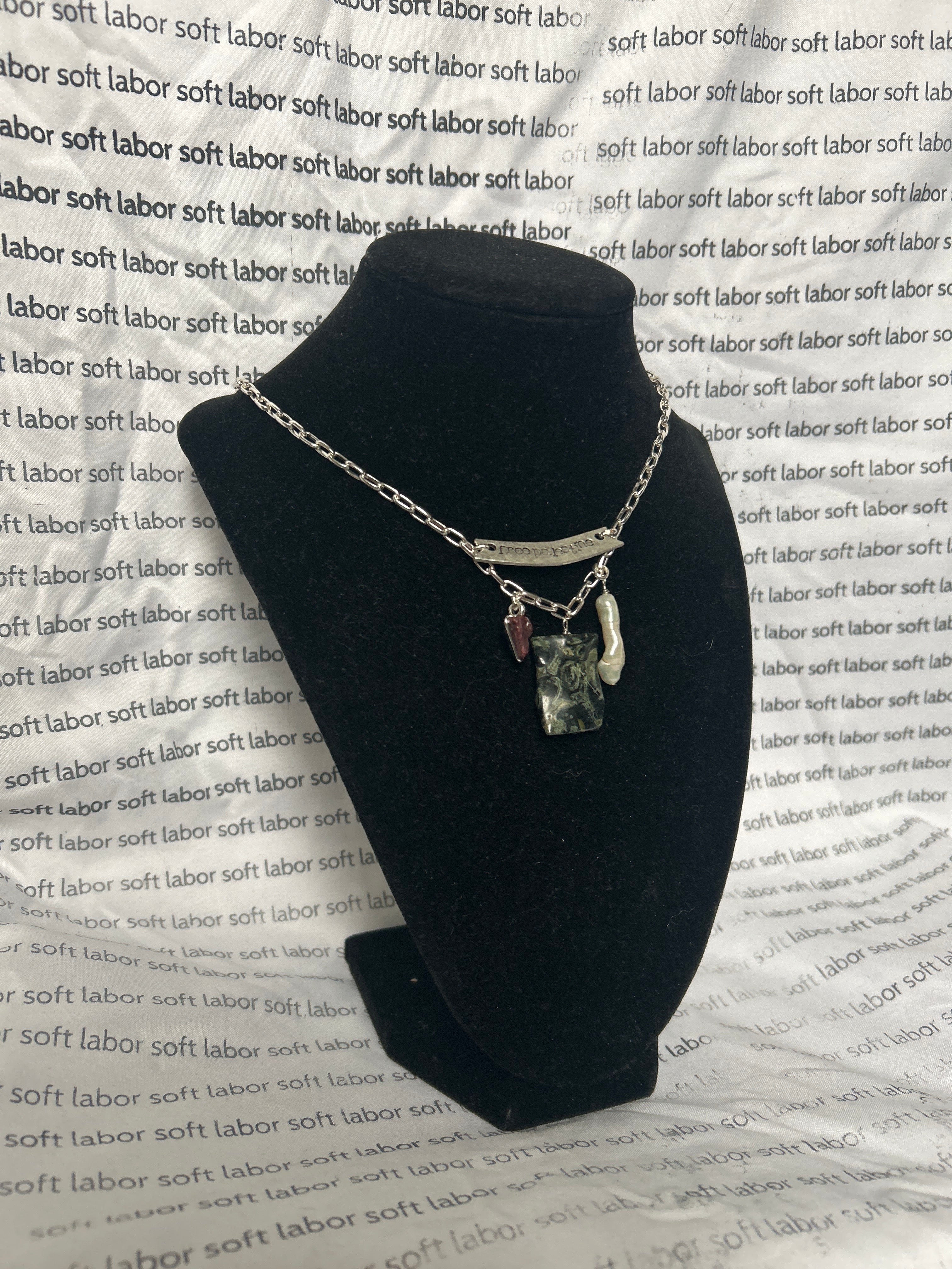 upcycled free palestine silver-plated chain necklace with hand-stamped bar and ruby, jasper, and pearl