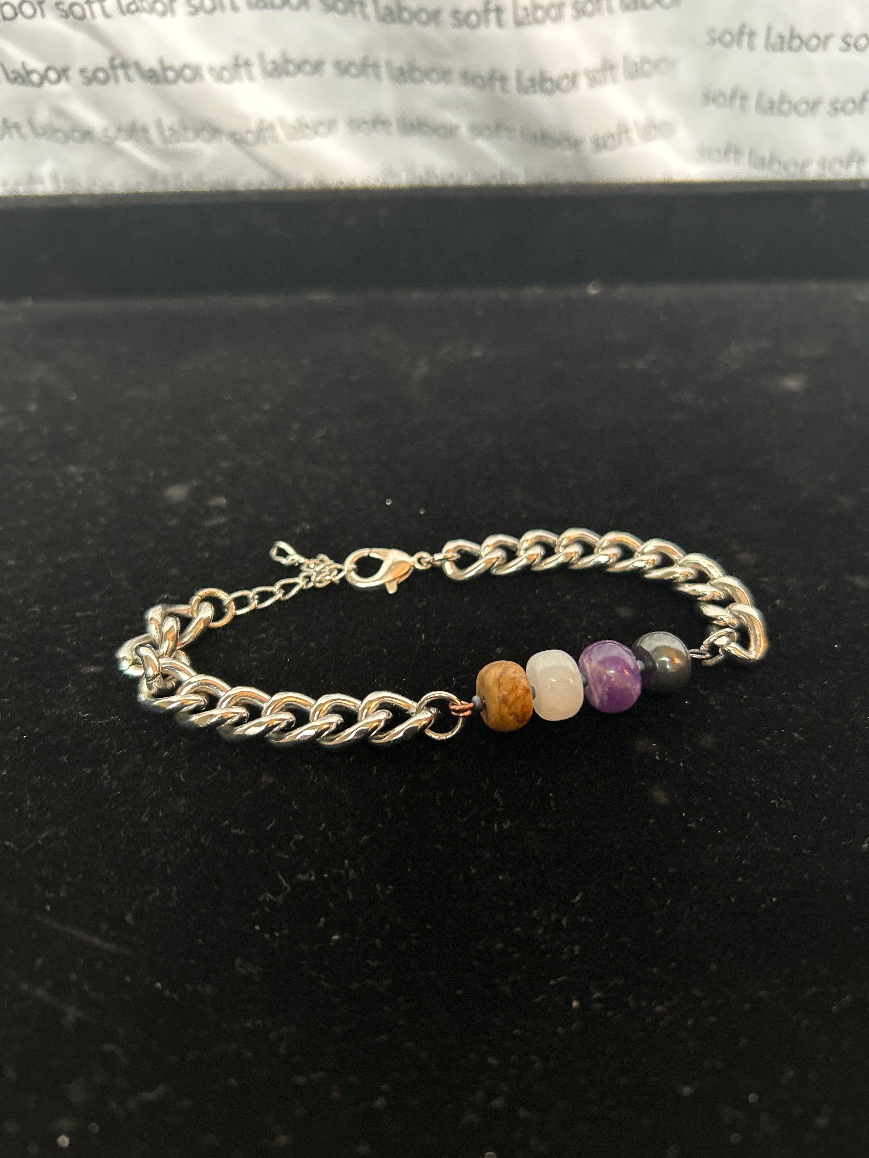 upcycled enby pride chain bracelet (hematite, amethyst, quartz, jasper)