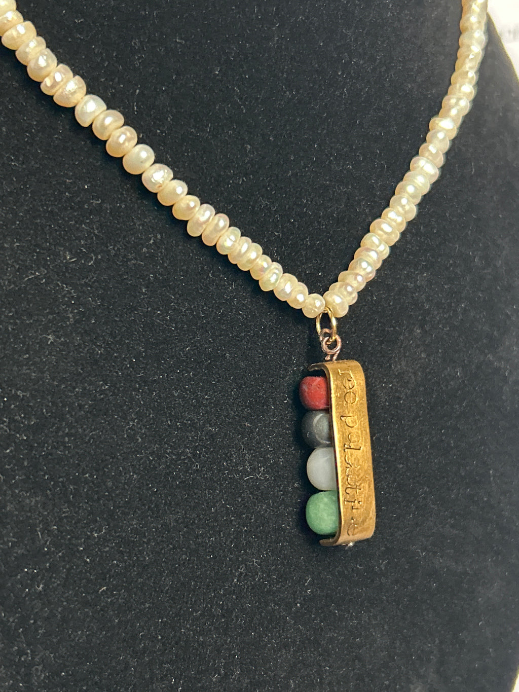 upcycled free palestine pearl necklace (jasper, hematite, agate, aventurine or fuchsite) with hand-stamped pendant