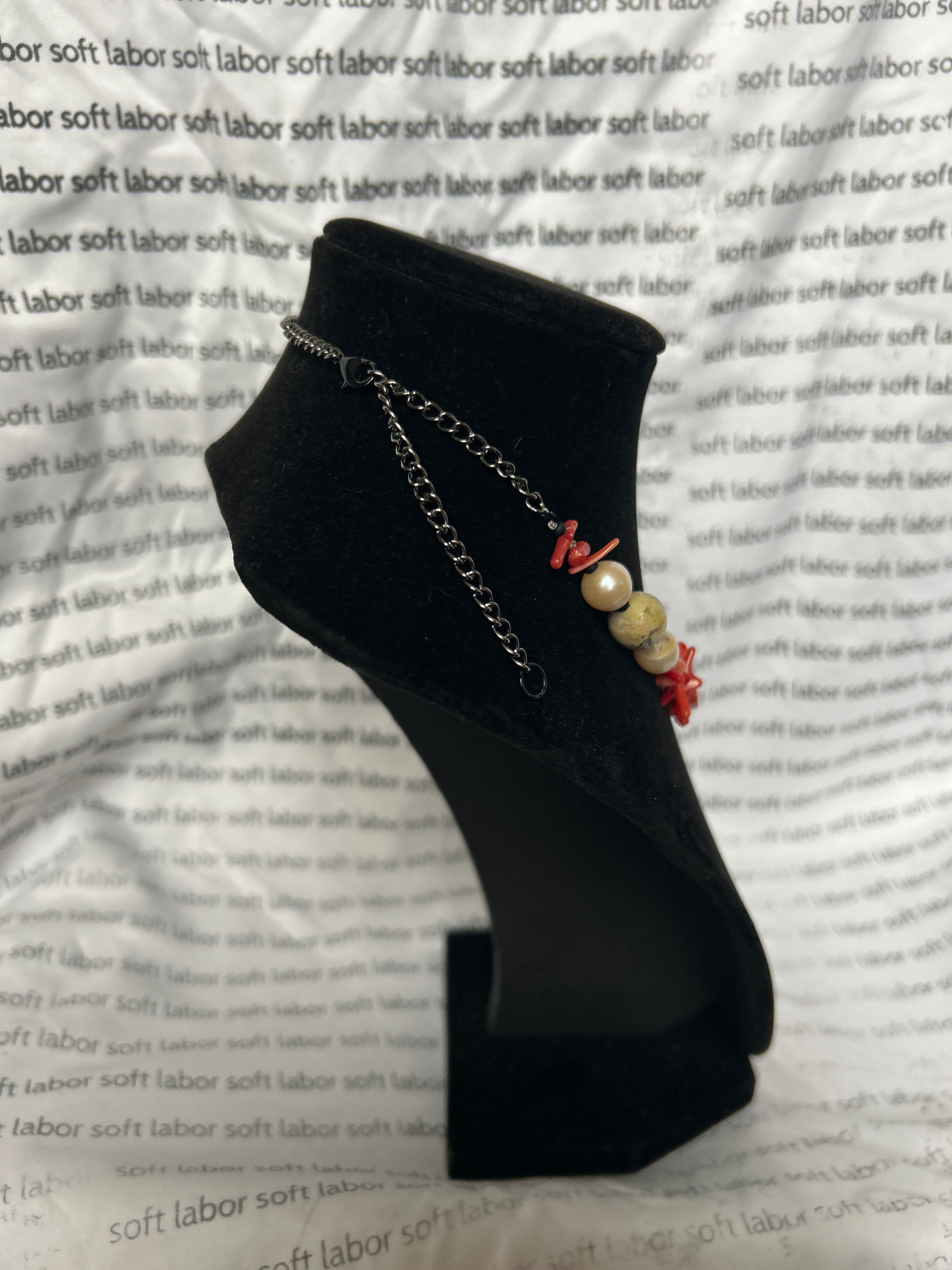 upcycled free palestine strung necklace (pearl, coral, serpentine)