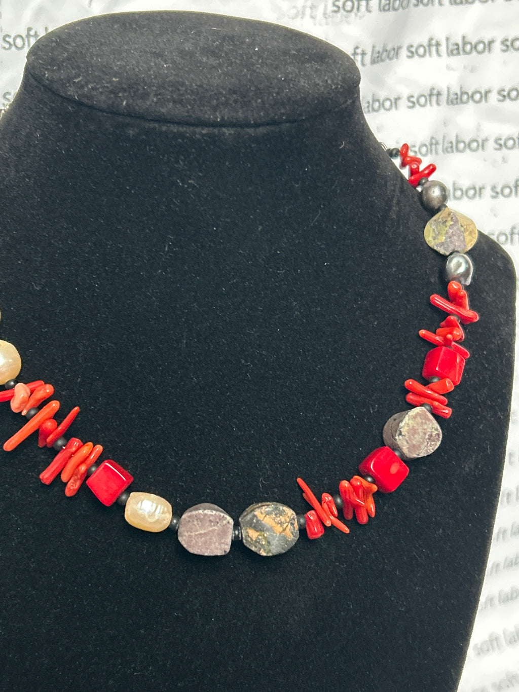 upcycled free palestine strung necklace (pearl, coral, serpentine)
