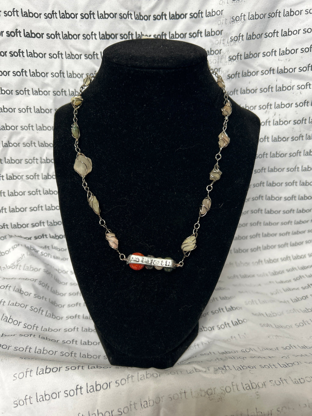 upcycled free palestine station stone necklace (jasper, pearl) with hand-stamped bar