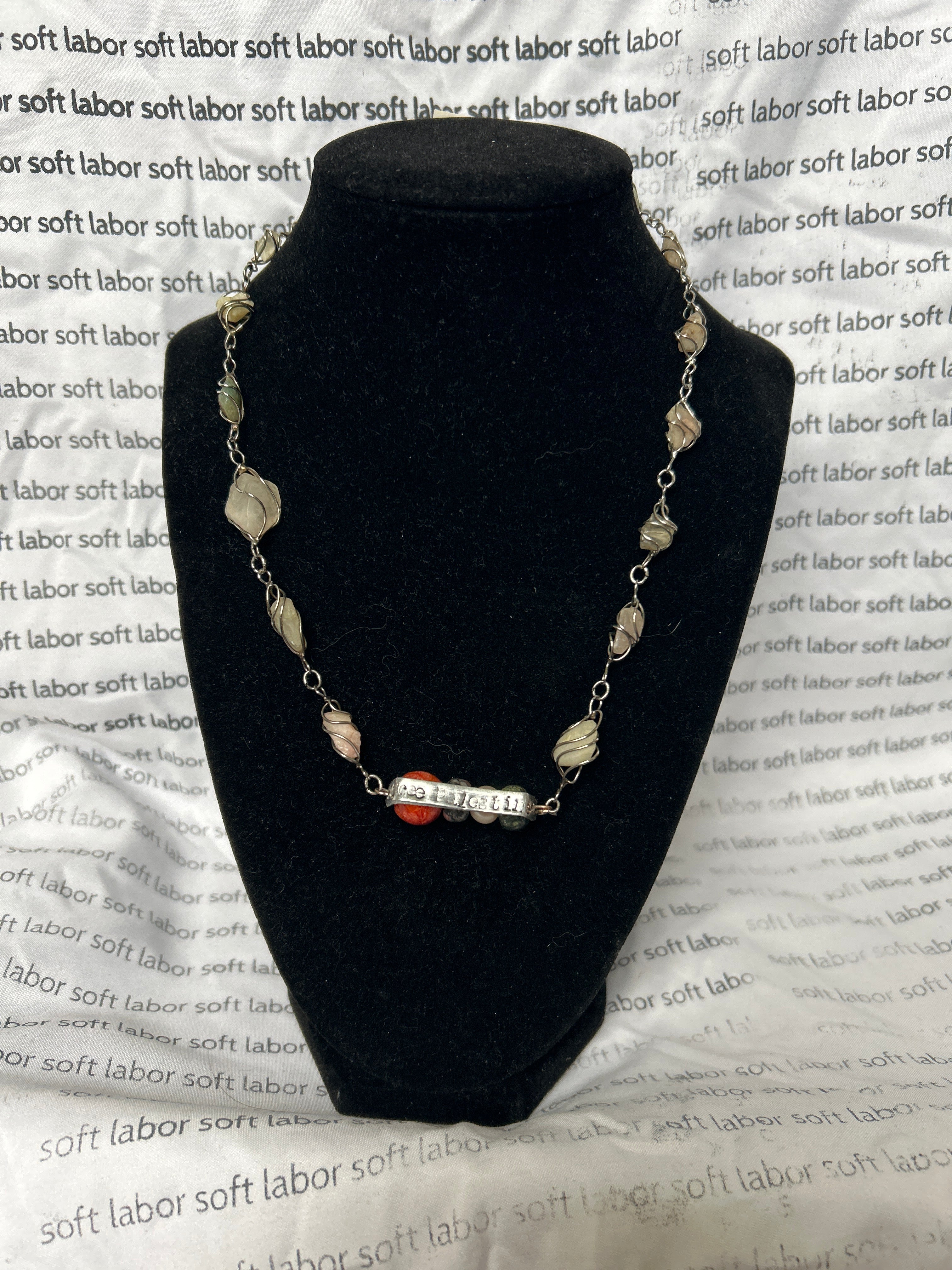 upcycled free palestine station stone necklace (jasper, pearl) with hand-stamped bar