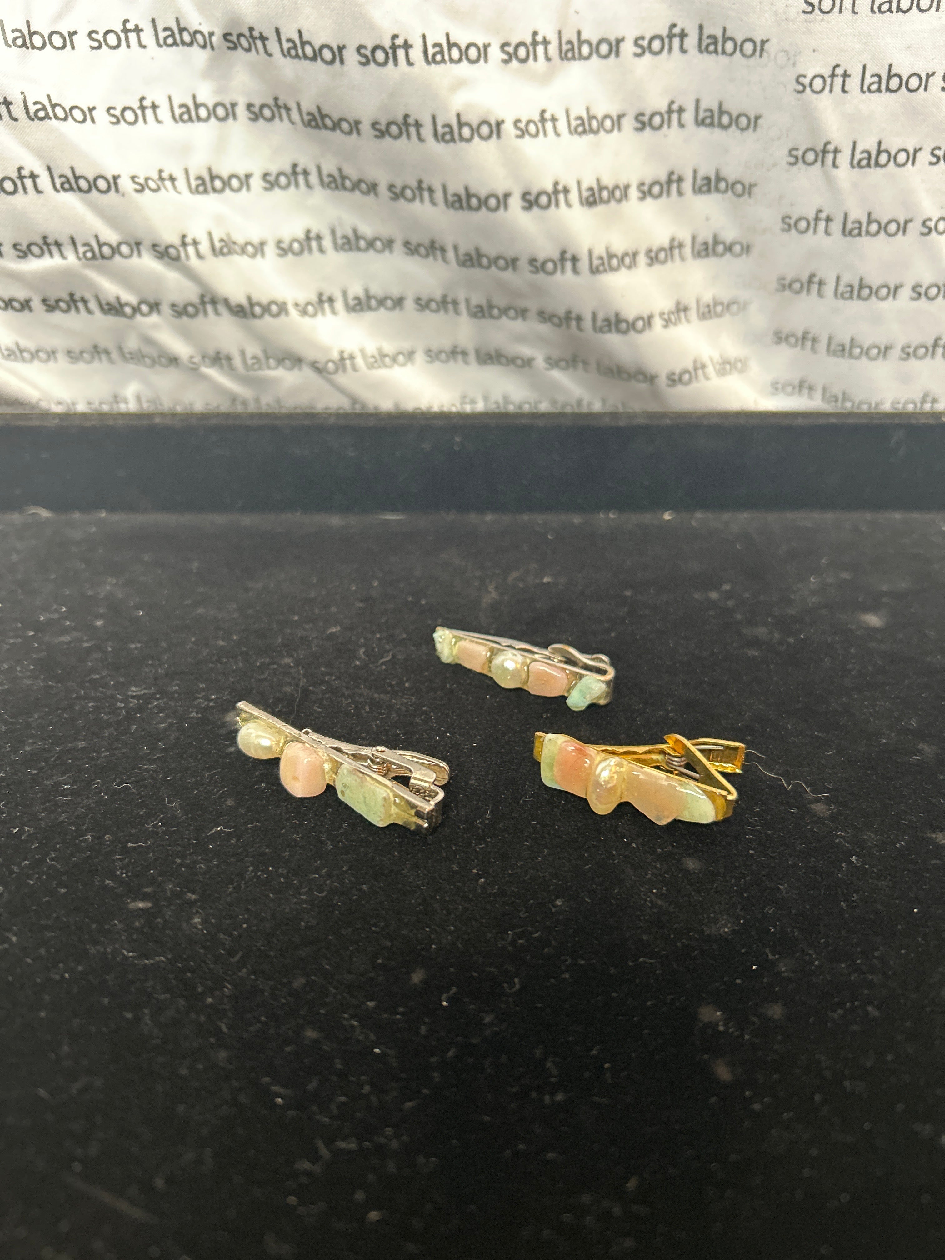 upcycled trans pride tie clip (pearl, pink opal, larimar)