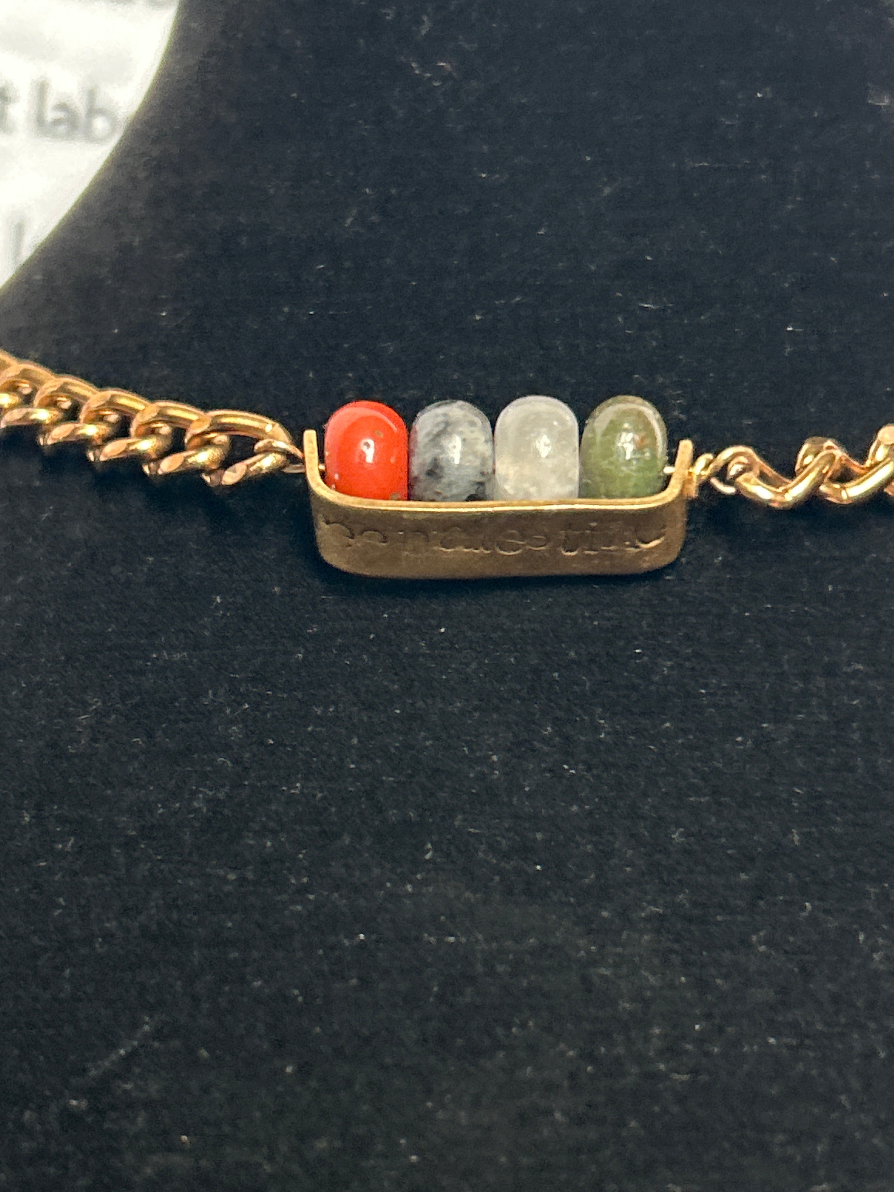 upcycled free palestine chain necklace (jasper, labradorite, quartz) with hand-stamped bar