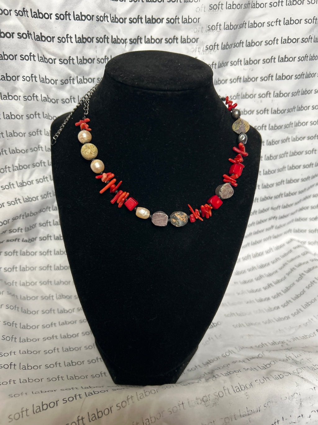 upcycled free palestine strung necklace (pearl, coral, serpentine)