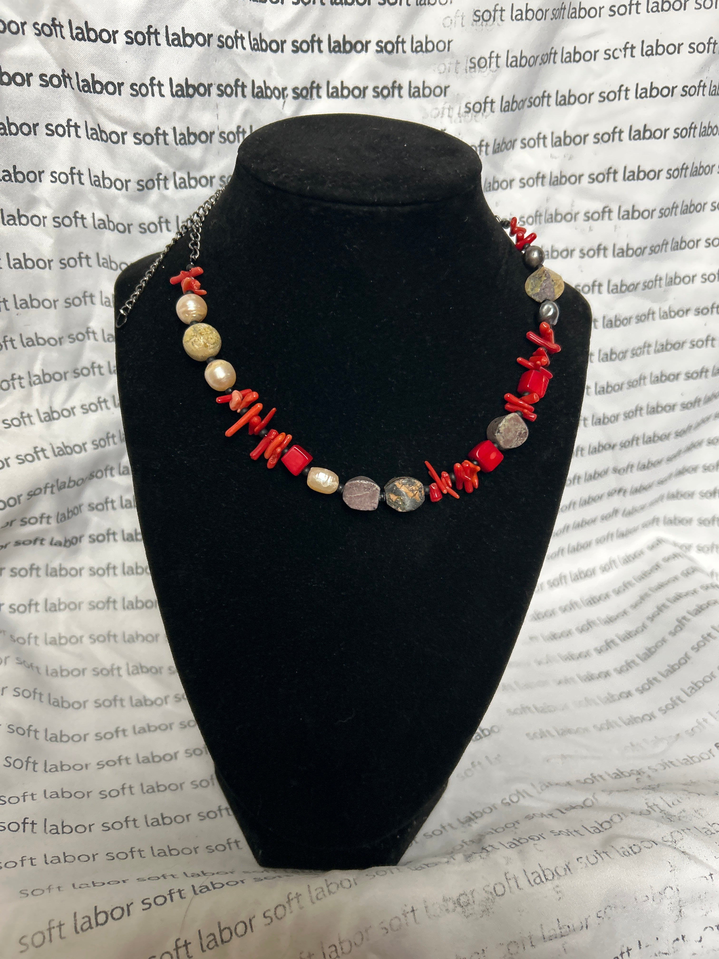 upcycled free palestine strung necklace (pearl, coral, serpentine)