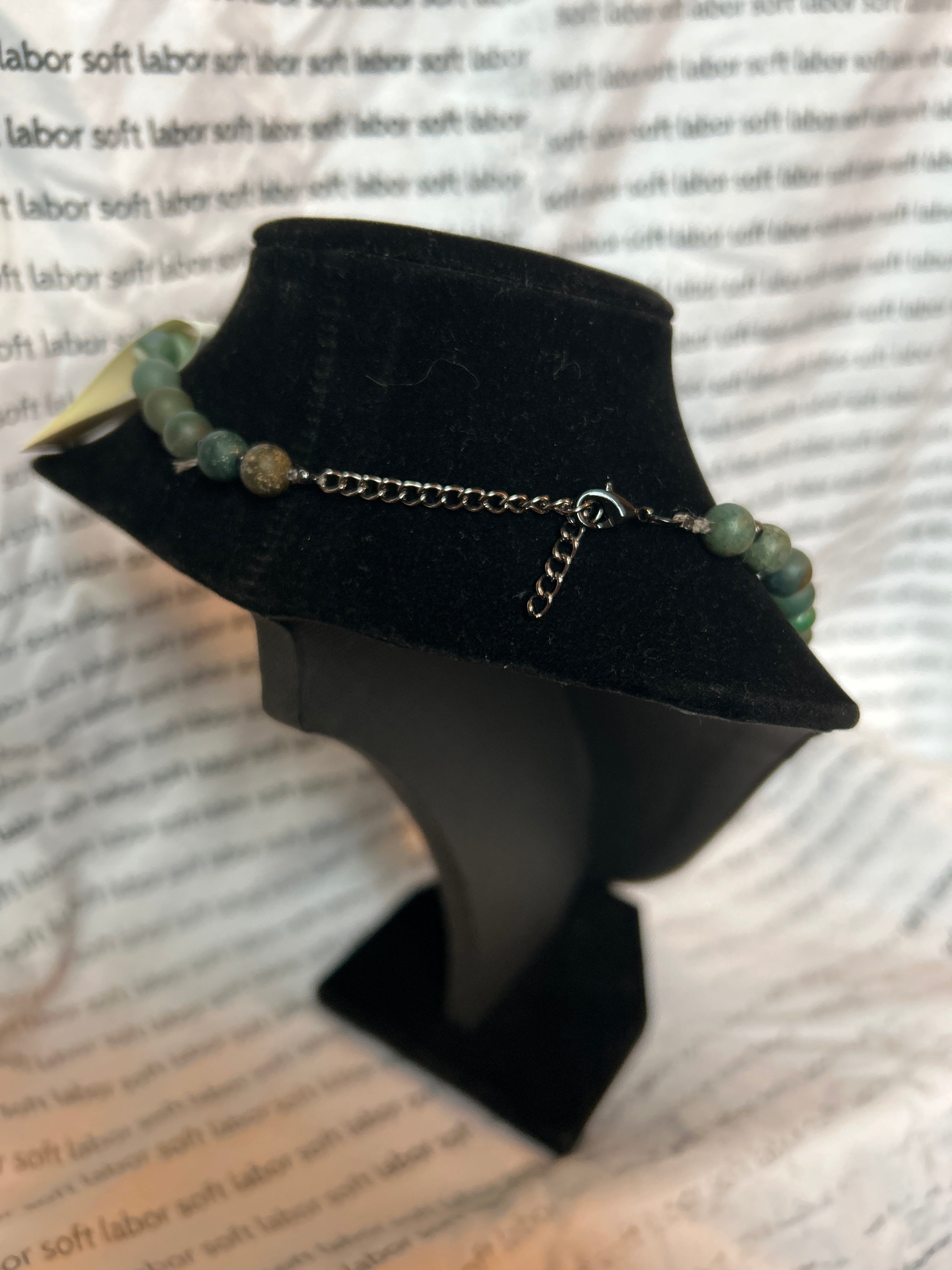upcycled free palestine strung necklace (jasper, agate, pearl, coral, glass) with hand-stamped bar