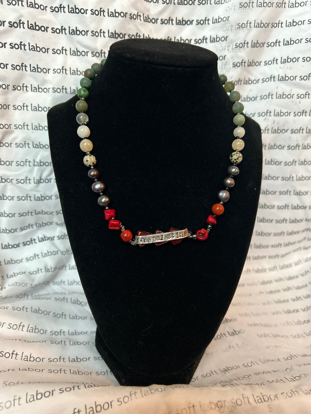 upcycled free palestine strung necklace (jasper, agate, pearl, coral, glass) with hand-stamped bar