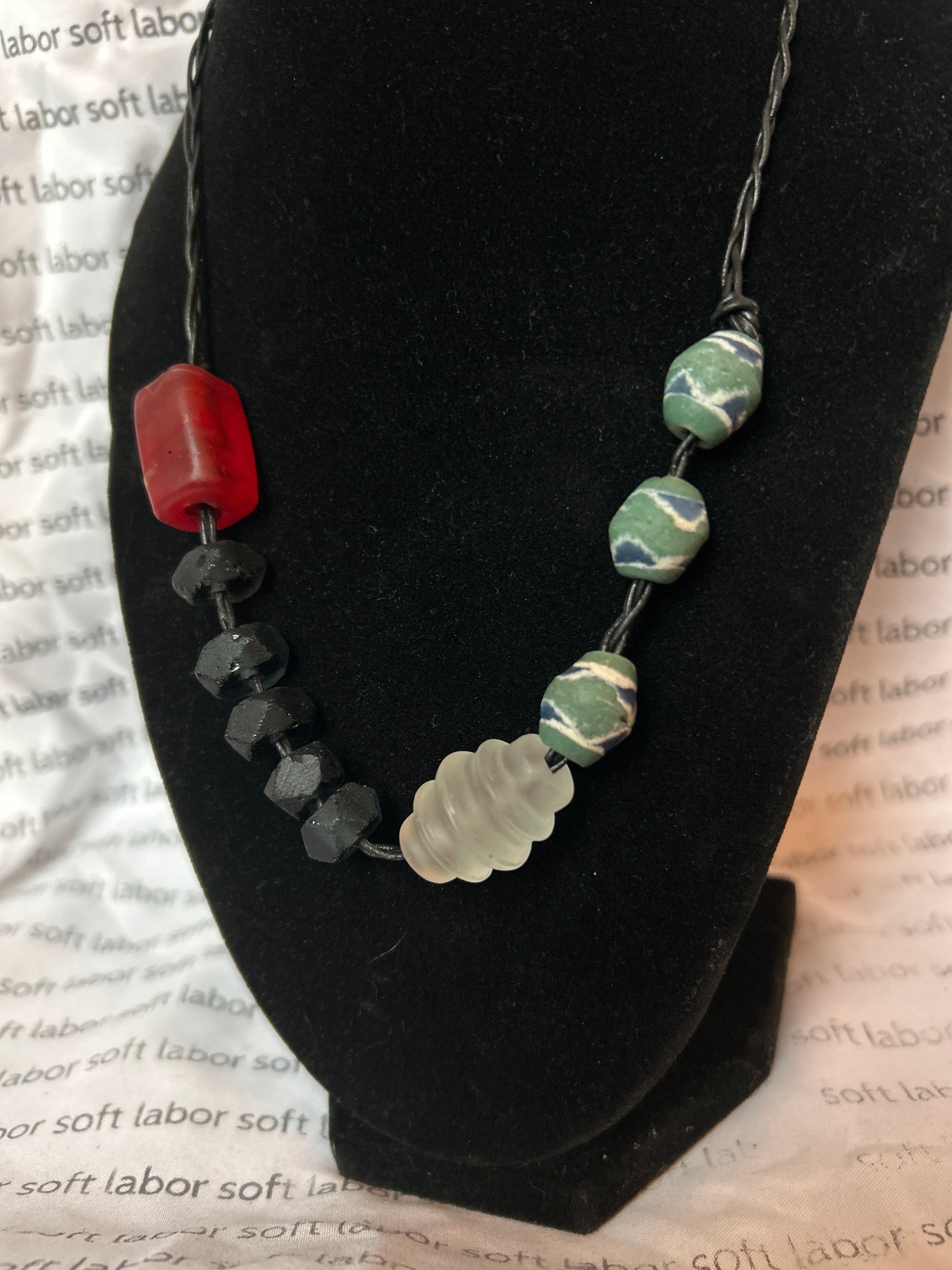 upcycled free palestine knotted cord necklace (recycled glass)