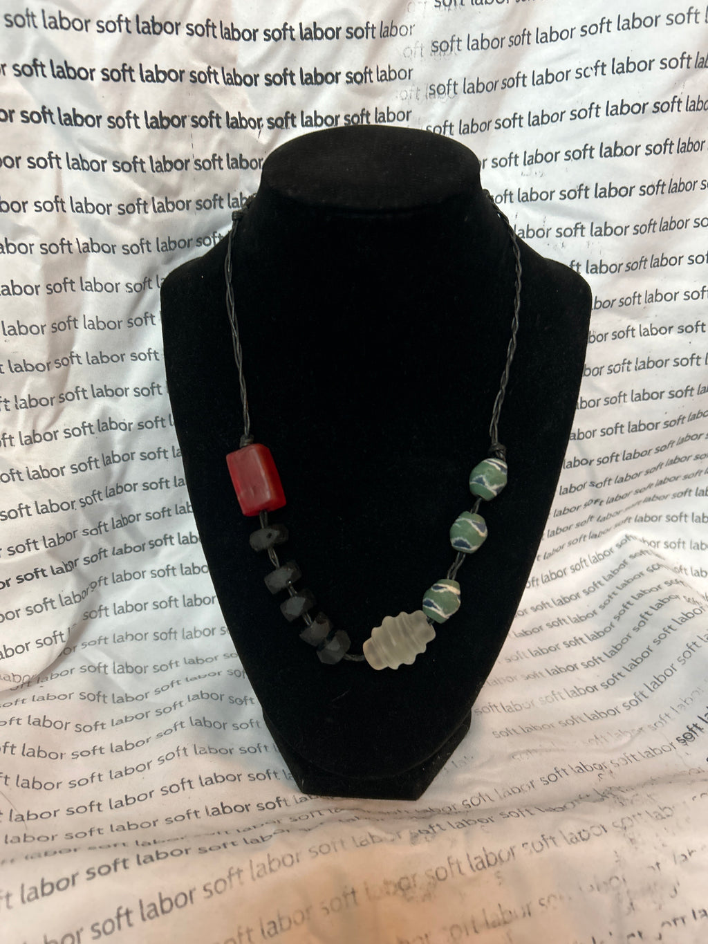upcycled free palestine knotted cord necklace (recycled glass)