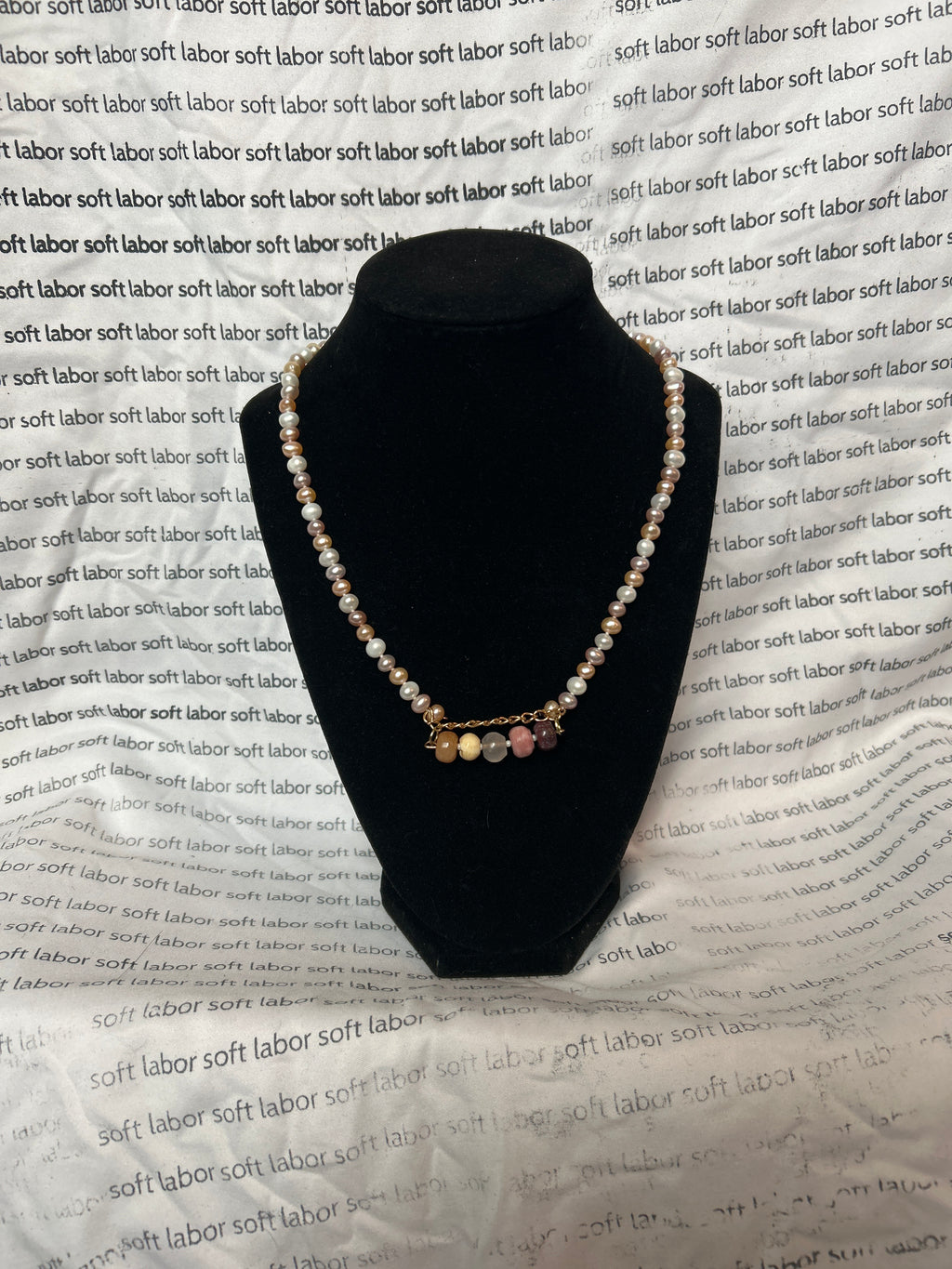 upcycled lesbian pride knotted pearl necklace (jasper, quartz, bone)