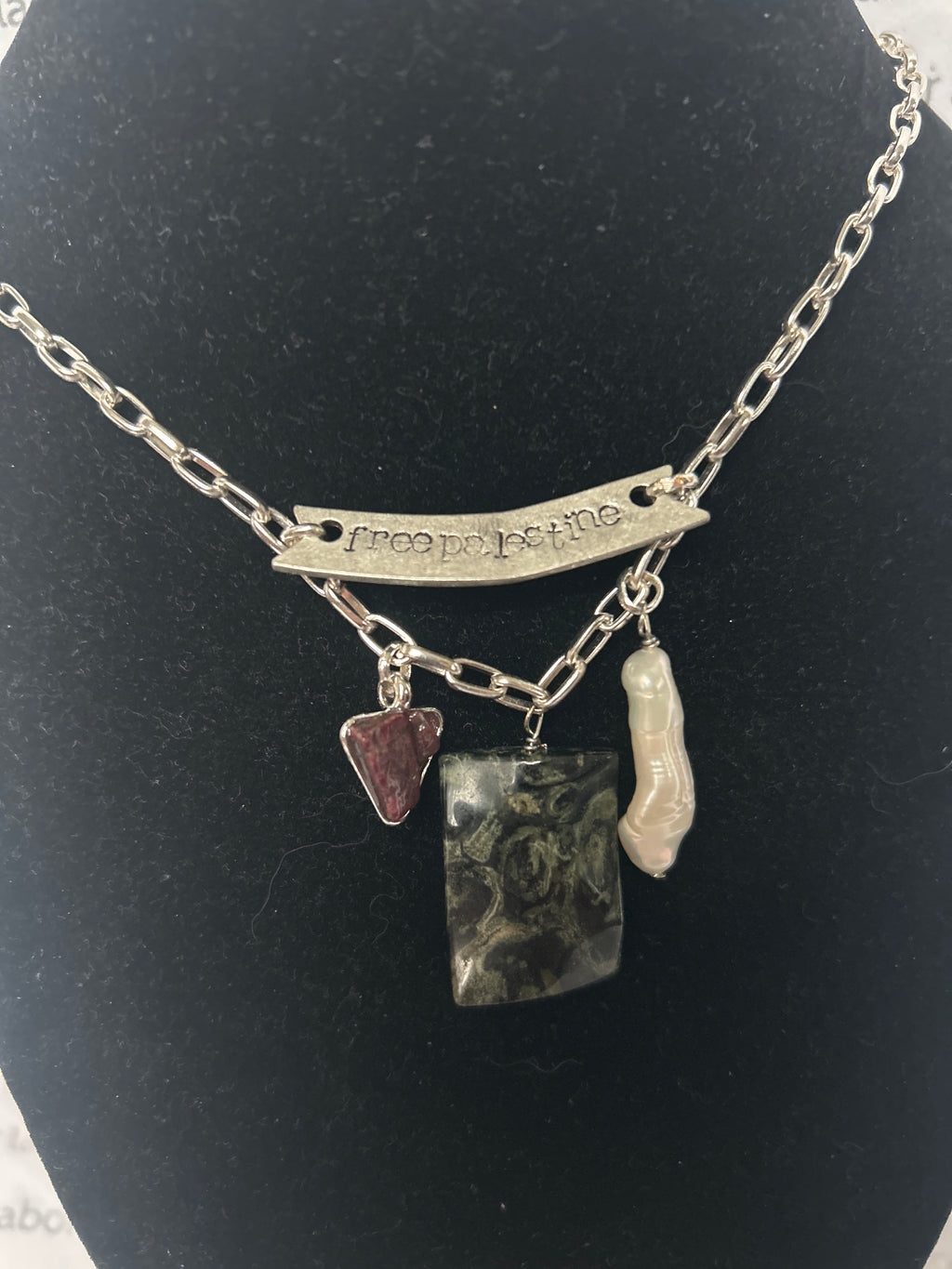upcycled free palestine silver-plated chain necklace with hand-stamped bar and ruby, jasper, and pearl