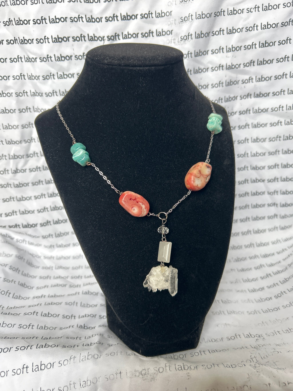 upcycled trans pride chunky station stone necklace (amazonite, coral, quartz)