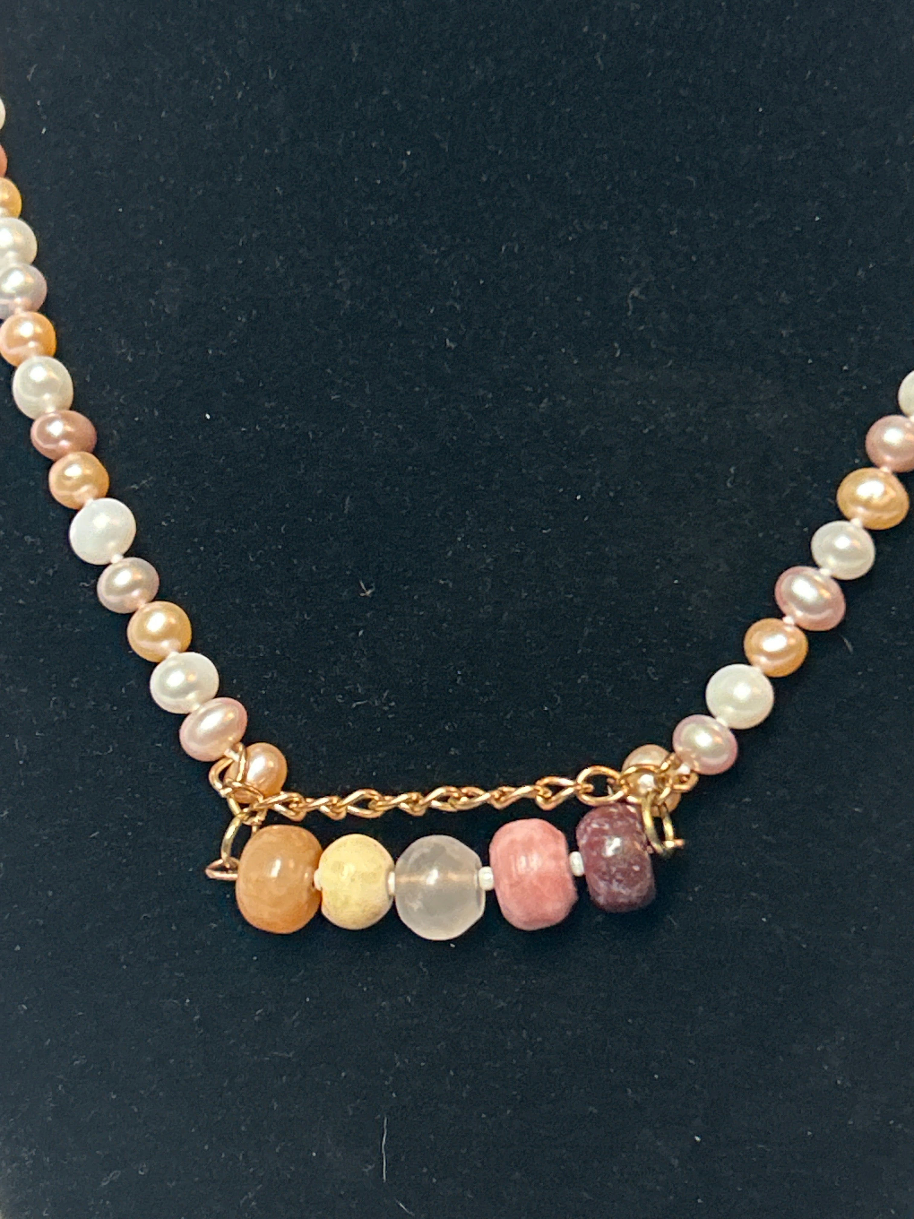 upcycled lesbian pride knotted pearl necklace (jasper, quartz, bone)