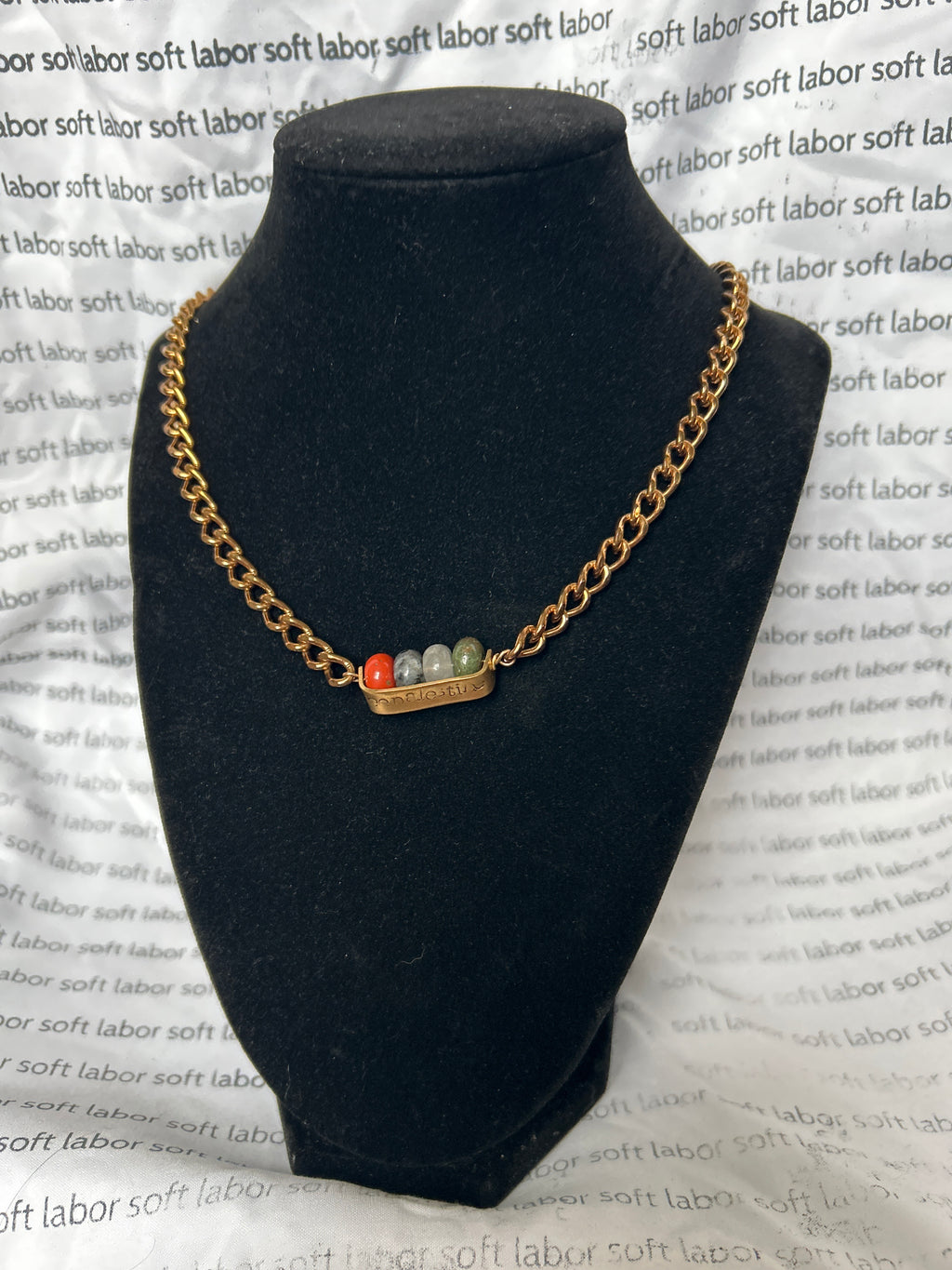 upcycled free palestine chain necklace (jasper, labradorite, quartz) with hand-stamped bar