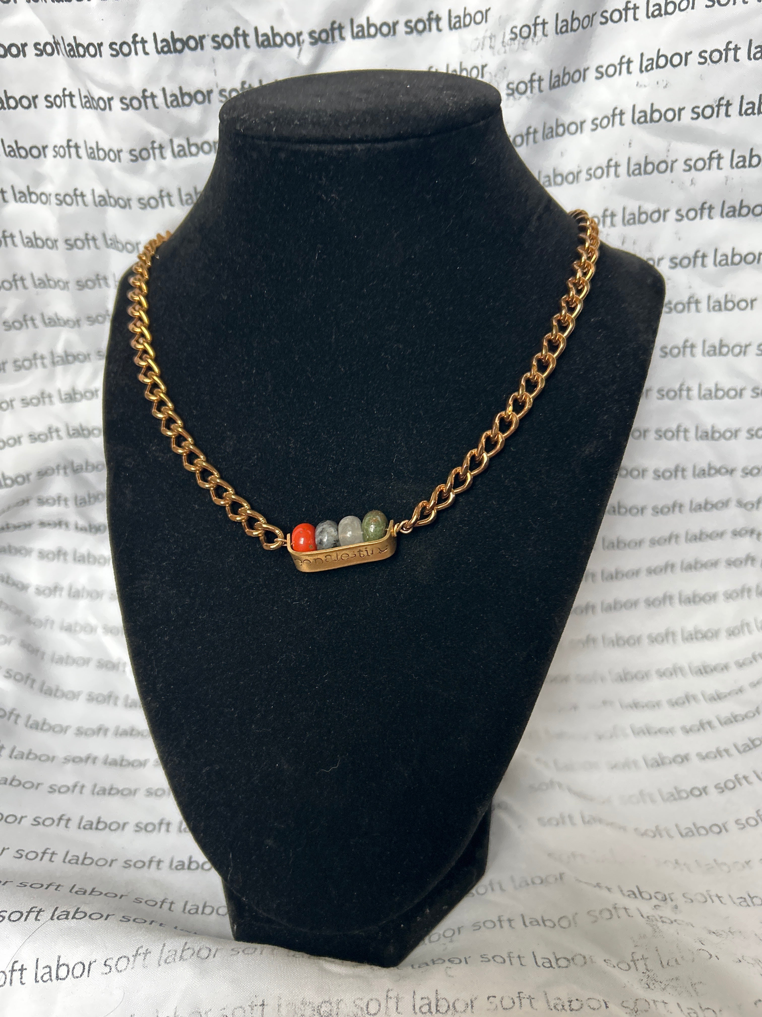 upcycled free palestine chain necklace (jasper, labradorite, quartz) with hand-stamped bar