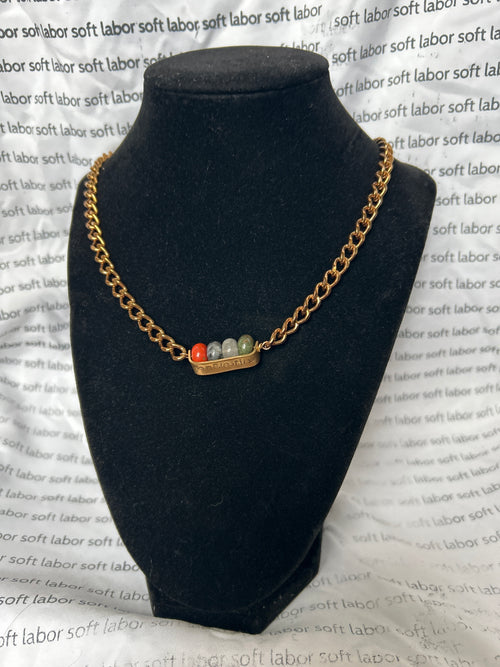 upcycled free palestine chain necklace (jasper, labradorite, quartz) with hand-stamped bar