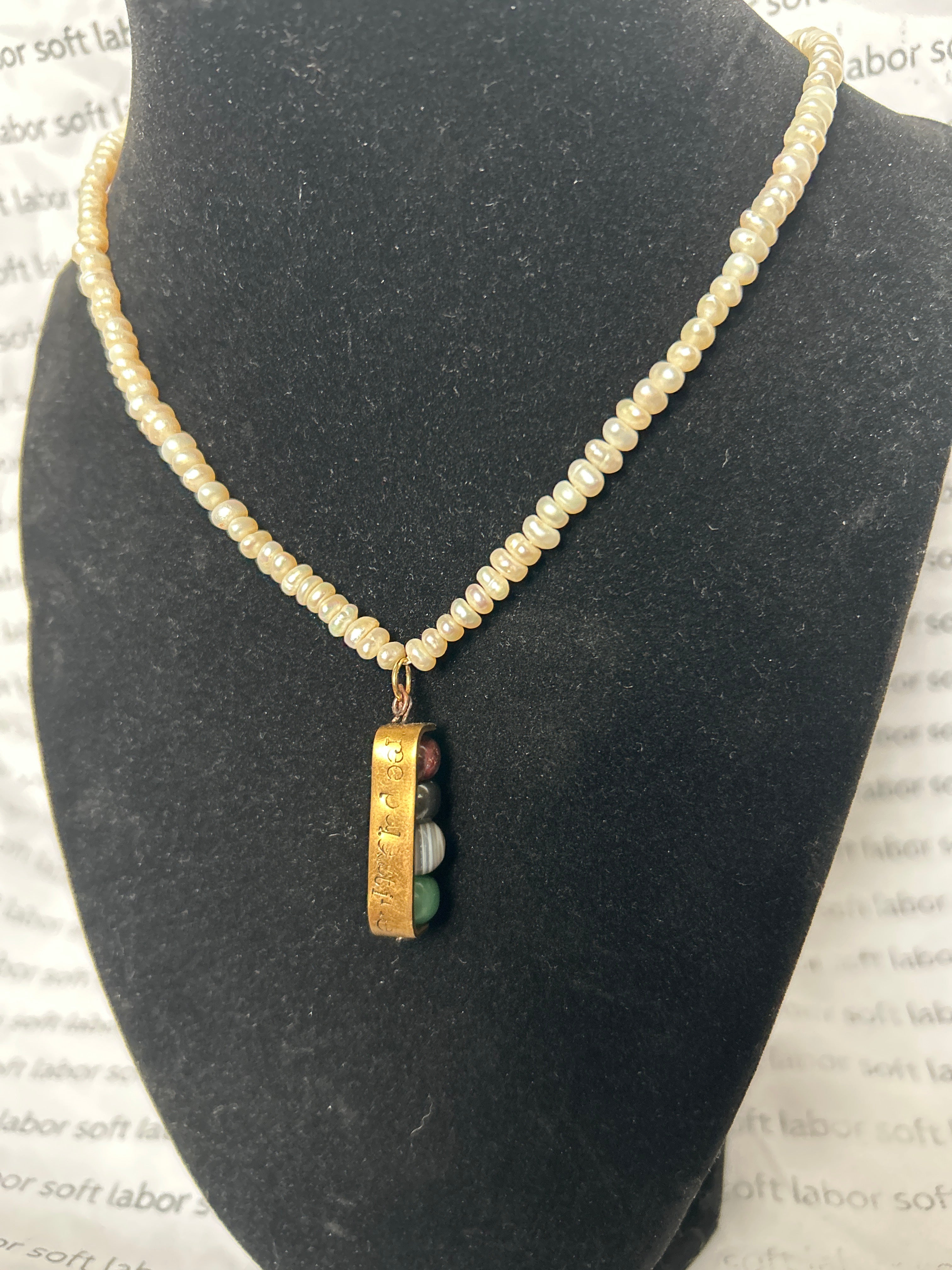 upcycled free palestine pearl necklace (jasper, hematite, agate, aventurine or fuchsite) with hand-stamped pendant