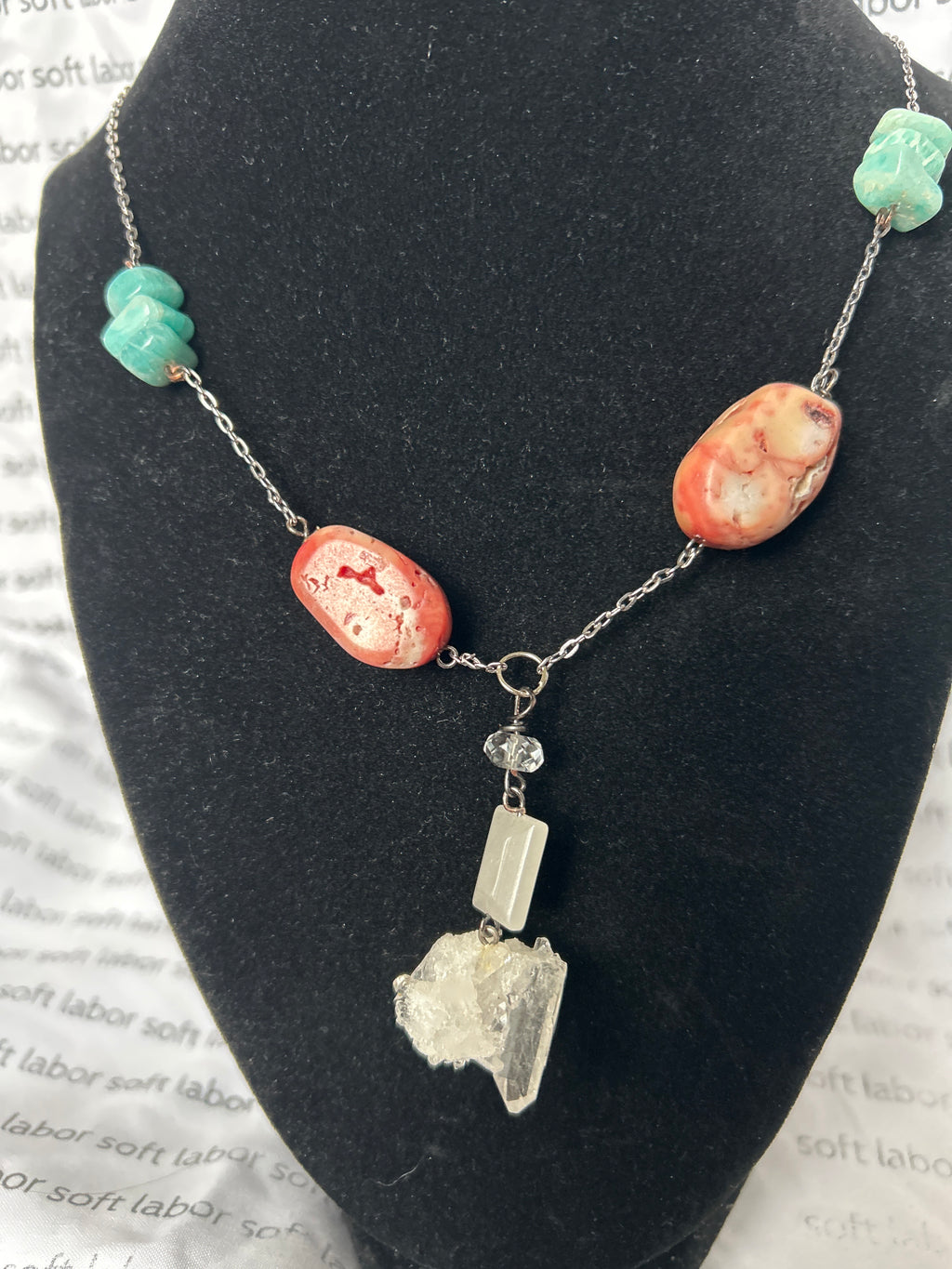 upcycled trans pride chunky station stone necklace (amazonite, coral, quartz)