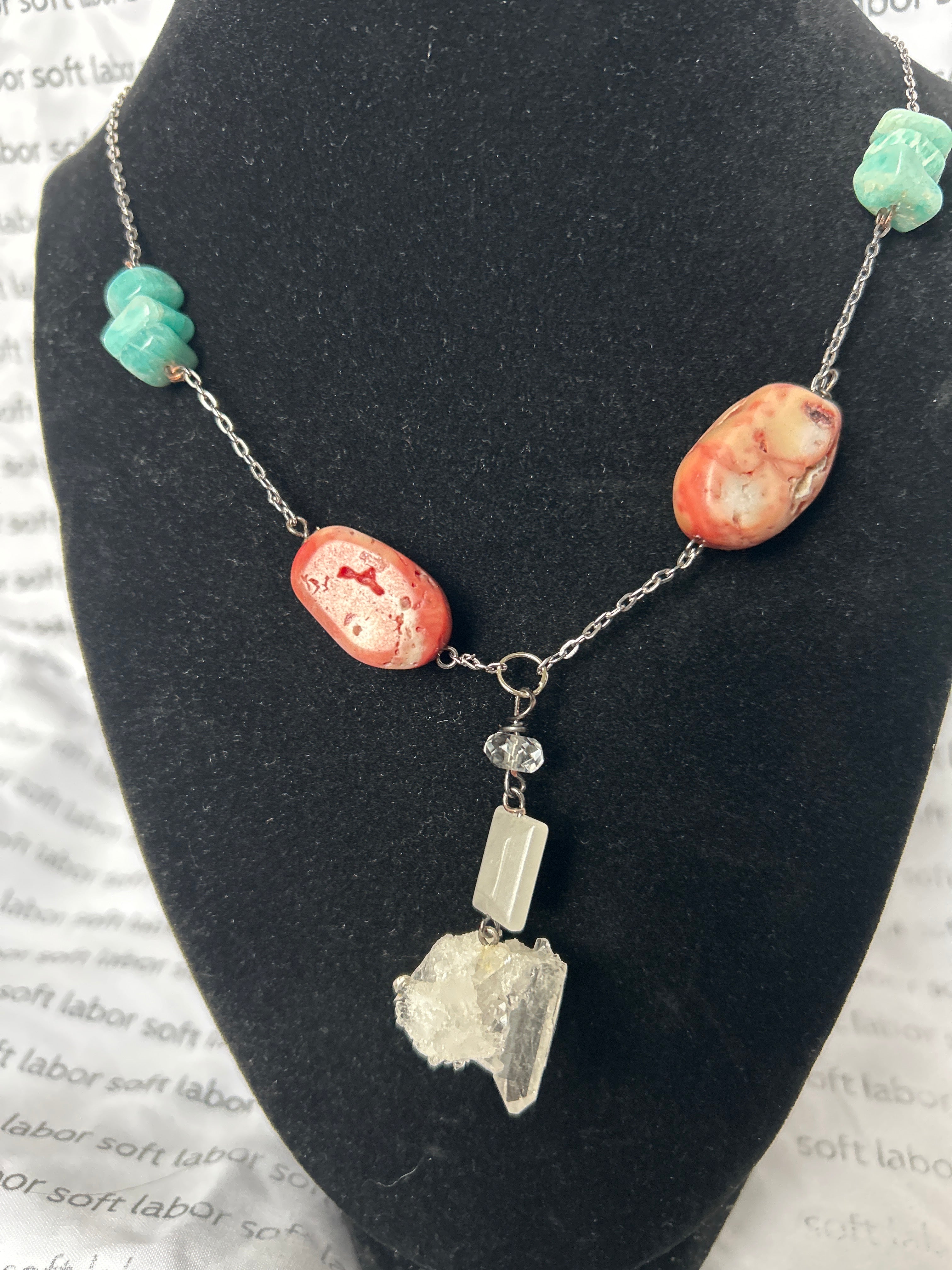 upcycled trans pride chunky station stone necklace (amazonite, coral, quartz)