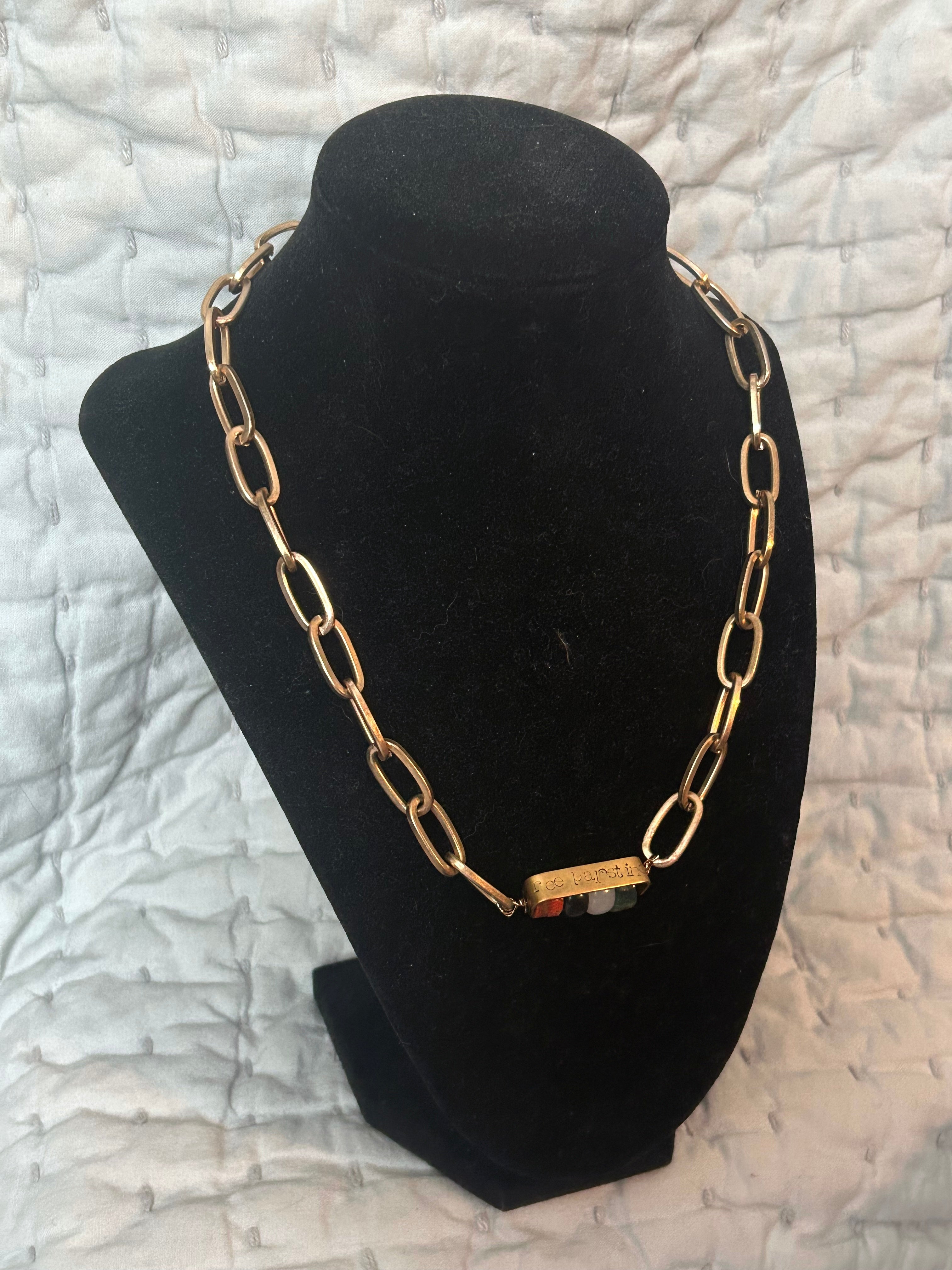 free Palestine upcycled paperclip chain necklace with hand-stamped bar and coral, jasper, and agate